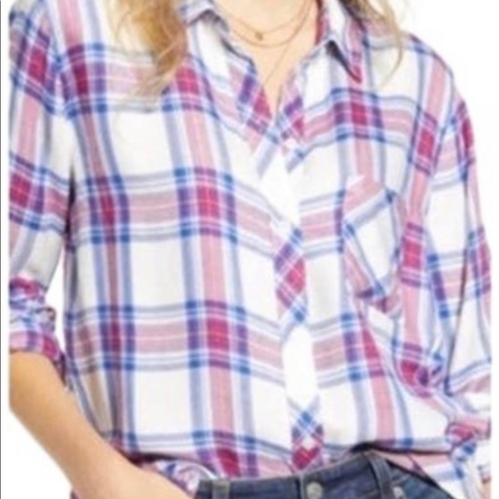 Rails Ivory Bluebell Pink Button Front Long Sleeve Hunter Plaid Shirt Size M - Picture 3 of 6